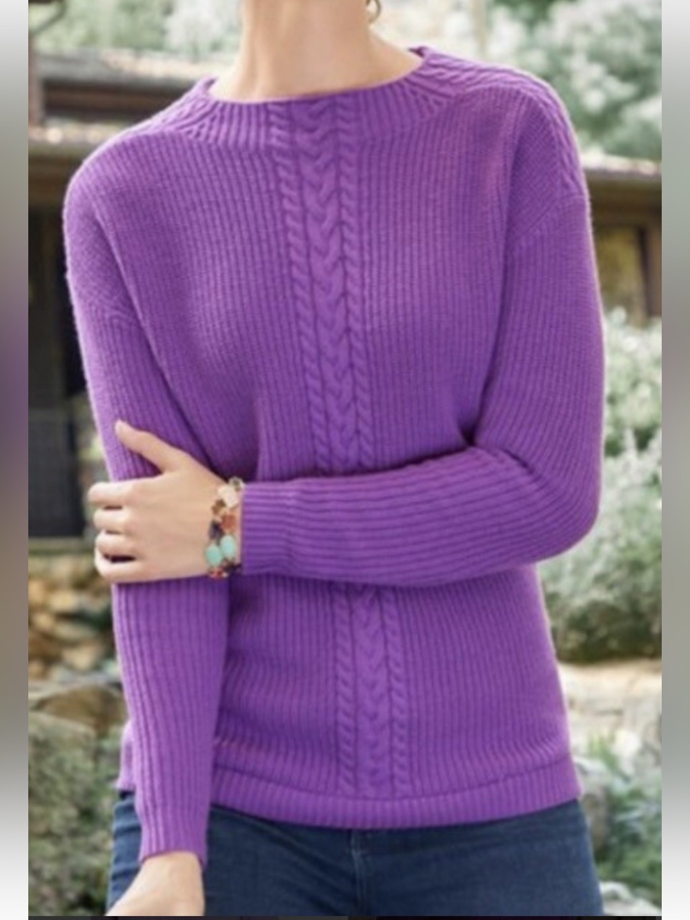 Talbots Lavender Cable Knit Braided Crewneck Sweater- Mock Neck- Wool Blend SZ L